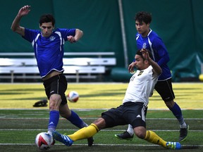 University of Alberta Golden Bears' Tolu Esan stretches out in front of two FC Edmonton players during an exhibition game at Foote Field in Edmonton on Tuesday, March 7, 2017. (Ed Kaiser)