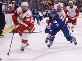 William Nylander chases Wings' Niklas Kronwall as Maple Leafs beat the Detroit Red Wings 3-2 in Toronto on Tuesday March 7, 2017. Michael Peake/Toronto Sun/Postmedia Network
