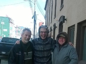 Recreational curler Peter Glover (left), and teammates Mike Burke (centre) and Steve Bethune, take a break in St. John’s during the Tim Hortons Brier. A fundraising event will be held on March 25 to assist Glover, who has ALS. (SUPPLIED PHOTO)