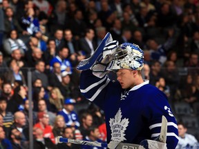 Frederik Andersen of the Toronto Maple Leafs skates back to his goal during his team's game against the Detroit Red Wings on March 7, 2017. (VAUGHN RIDLEY/Getty Images)