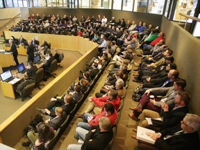 It was a packed council chambers as attendees listen to consultants present the new arena report during a city council meeting in Sudbury, Ont. on Tuesday March 7, 2017. Gino Donato/Sudbury Star/Postmedia Network