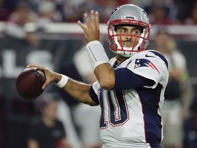 In this Sept. 11, 2016, file photo, New England Patriots quarterback Jimmy Garoppolo (10) looks down field during an NFL football game against the Arizona Cardinals in Glendale, Ariz. With backups quarterbacks like Garoppolo, Mike Glennon, A.J. McCarron and Colt McCoy possibly on the move this offseason, the task for talent evaluators will be figuring out which group best fits each quarterback. (AP Photo/Rick Scuteri, File)