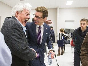 MPP Sam Oosterhoff is congratulated by members of the crowd in Smithville following his win Tuesday, March 7, 2017 for the Progressive Conservative nomination for the new riding of Niagara West in the 2018 provincial election. (Julie Jocsak/Postmedia Network)