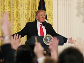 WASHINGTON, DC - FEBRUARY 16: U.S. President Donald Trump takes questions from reporters during a news conference in the East Room at the White House on February 16, 2017 in Washington, DC. President Trump announced that he has nominated Alexander Acosta to be the new Labor Secretary. (Photo by Mark Wilson/Getty Images)