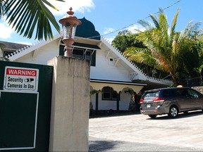 In this Feb. 9, 2017 file photo, a security camera warning sign is seen at the Muslim Association of Hawaii in Honolulu. (AP Photo/Jennifer Sinco Kelleher, File)