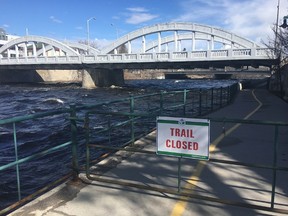 BRUCE BELL/THE INTELLIGENCER
City of Belleville officials have posted precautionary closures along the Riverfront Trail until water levels recede. The trail is closed between Front Street and Pinnacle Street bridges and at the Lions Park Trail system, north of the walking bridge crossing the river at Lions Park.