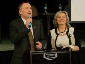 Woodlands County Mayor Jim Rennie (left) and Whitecourt Mayor Maryann Chichak spoke about their respective local economies during a joint presentation at the Whitecourt Economic Forum on March 2 (Joseph Quigley | Whitecourt Star).