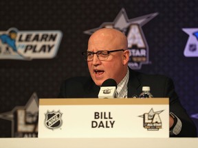 NHL deputy commissioner Bill Daly speaks at the NHL/NHLPA Learn to Play Press Conference during NHL All-Star Media Day at the JW Marriott on Jan. 28, 2017. (Sean M. Haffey/Getty Images)