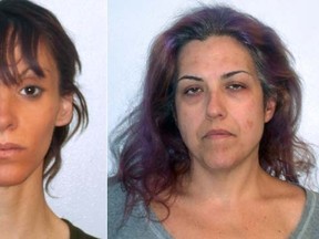 Booking photos released Wednesday, March 8, 2017, by the Concord, N.H., Police Department show Felicia Farruggia, left, and Rhianna Frenette. Police allege Farruggia demanded Frenette inject her with heroin and methamphetamine while she was in labour with her son in September 2016. The state took custody of the baby boy after he was born. (Concord Police Department via AP photos)