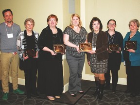 The Chinook Arch Regional Library System has presented five libraries with a Reward for Excellence and Distinction. From left are Robin Hepher, CEO of Chinook Arch; Marie Logan, on behalf of Lomond Community Library; Kay Cahoon, Milk River Municipal Library; Terra Plato, CEO of Lethbridge Public Library; Lil Radley, Lethbridge Public Library; Heather Martin-Detka, Taber Public Library; and Gloria McGowan, Thelma Fanning Memorial Library in Nanton.
Photo courtesy of the Chinook Arch Regional Library System