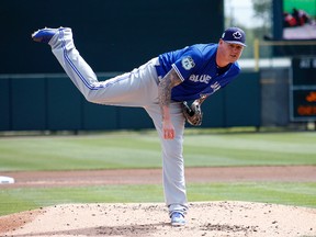 Mat Latos of the Toronto Blue Jays pitches against the Baltimore Orioles in a spring training game on March 8, 2017 at Ed Smith Stadium in Sarasota, Florida. (Justin K. Aller/Getty Images)