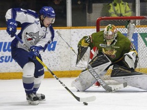 Sudbury Wolves forward Dmitry Sokolov (98) gets a handle on the puck as North Bay Battalion goalie Brent Moran keeps a wary eye during the first period of OHL action at Memorial Gardens on Wednesday. Sokolov spun around in the slot for a wrist shot Moran grabbed with his glove, one of 32 saves he made to help defeat the Wolves 4-2. Dave Dale / The Nugget