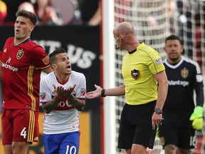 Toronto FC forward Sebastian Giovinco complains to referee Allen Chapman during an MLS soccer game against Real Salt Lake on March 4, 2017 in Sandy, Utah. (Scott G. Winterton/The Deseret News via AP)