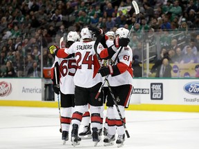 Viktor Stalberg of the Ottawa Senators celebrates a goal against the Dallas Stars at American Airlines Center on March 8, 2017. (Ronald Martinez/Getty Images)