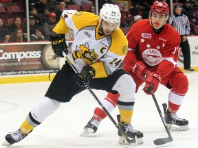 Sarnia Sting defenceman Kevin Spinozzi (left) and Soo Greyhounds winger Boris Katchouk fight for puck possession during first-period play Wednesday in Sault Ste. Marie. Jeffrey Ougler/Sault Star/Postmedia Network