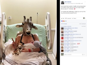 Erin Dietrich, who posted a Facebook Live video of herself showing her pregnant belly and walking around a bedroom wearing a giraffe mask, gave birth to a baby boy. (Facebook screengrab)