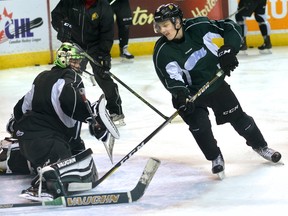 London Knights forward Robert Thomas shoots on goaltender Tyler Parsons in practice at Budweiser Gardens on Tuesday March 7, 2017. (MORRIS LAMONT, The London Free Press)