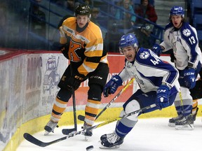 Sudbury Wolves overage forward CJ Yakimowicz chases down the puck during OHL action against the  Kingston Frontenacs  from Sudbury Community Arena in Sudbury, Ont. on Sunday November 20, 2016. The Wolves need a strong effort from all three of the overagers during the next week to clinch a playoff spot.Gino Donato/Sudbury Star/Postmedia Network