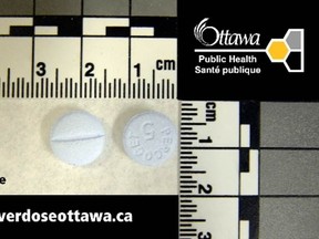 This image from Ottawa Public Health contains suspected fake Percocet pills. Pills appearing to be similar to these have been linked to a non-fatal overdose in Belleville within the last week.