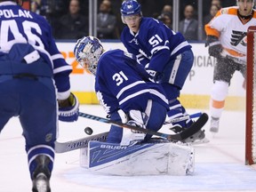 Toronto Maple Leafs goalie Frederik Andersen during an NHL game against the Philadelphia Flyers at the Air Canada Centre on March 10, 2017. (Stan Behal/Toronto Sun/Postmedia Network)