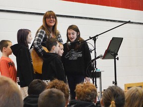 Michelle Wright still has family in Merlin, and invited some of her nieces and nephews up to sing along with her at her visit to Merlin Area Public School March 9.