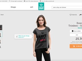 Despite a complaint from the Chinese Embassy in Berlin, a German online retailer says it will not pull its controversial T-shirts with slogans like "Save a dog, Eat a Chinese," from it's website. (Spreadshirt.de screengrab)