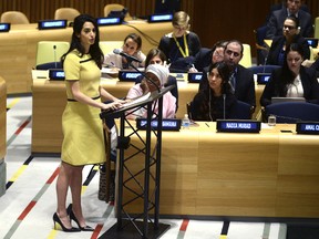 Amal Clooney during the United Nations human rights meeting called 'The Fight against Impunity for Atrocities: Bringing Da'esh [ISIS] to Justice' at U.N. headquarters in New York City.
Dennis Van Tine/Future Image/WENN.com