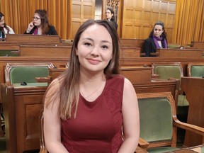 Sarnia's Bonnie Guthrie sits in the House of Commons seat of Sarnia-Lambton MP Marilyn Gladu during a Daugthters of the Vote event this week in Ottawa. Guthrie was one of 338 women, ages 18 to 23, who were selected as delegates to the event marking the 100th anniversary of women's suffrage. (Handout)