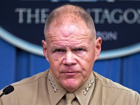 Marine Corps Commandant Gen. Robert Neller pauses during a news conference at the Pentagon, Friday, March 10, 2017. (AP Photo/Cliff Owen)