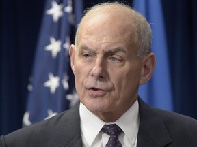 Homeland Security Secretary John Kelly makes a statement on issues related to visas and travel, Monday, March 6, 2017, at the U.S. Customs and Border Protection office in Washington. Thorny issues cropping up at the 49th parallel will be on the agenda Friday when new U.S. Homeland Security Secretary Kelly visits Ottawa. (THE CANADIAN PRESS/AP/Susan Walsh)