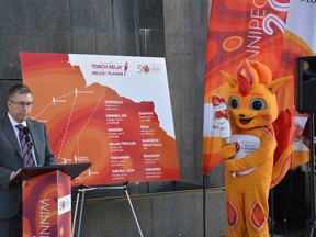 Manitoba Hydro President and CEO Kelvin Shepherd helps announce the Manitoba Hydro Torch Relay route for the 2017 Canada Summer Games with the help of Niibin, 2017 Canada Summer Games mascot, on Thursday, March 9, 2017. The torch relay will begin in Steinbach on June 23 and wrap up in downtown Winnipeg on July 26 in a special celebration. 2017 Canada Summer Games/Handout