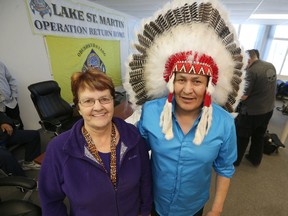 Principal and Director of Lake St. Martin Community School (left) with Lake St.Martin Chief Adrian Sinclair. The First Nation is ready to build a school on it's traditional territory. The population of Lake St.Martin has been evacuated since the flooding in 2011. Friday, March 10, 2017. Chris Procaylo/Winnipeg Sun/Postmedia Network