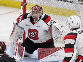 67's netminder Leo Lazarev made 25 saves for the shutout against the Generals on Friday night.