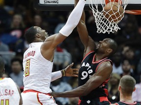 Atlanta Hawks' Dwight Howard dunks the ball against Toronto Raptors' Serge Ibaka during an NBA game on March 10, 2017. (AP Photo/David Goldman)