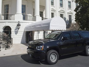 An SUV is parked outside of the South Portico on the South Lawn of the White House in Washington, D.C., March 11, 2017. (SAUL LOEB/AFP/Getty Images)