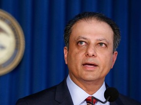 In this Sept. 17, 2015 photo, Then-U.S. Attorney Preet Bharara speaks during a news conference in New York.  (AP Photo/Kathy Willens)