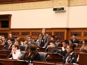 Ana Stathakis speaks during student debate in legislature.SUBMITTED PHOTO