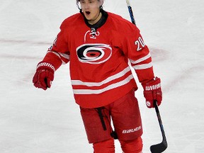 Sebastian Aho of the Carolina Hurricanes reacts after scoring his 20th goal of the season on March 9, 2017, against the New York Rangers. (GRANT HALVERSON/Getty Images)