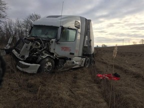 Two transport trucks collided in the westbound lanes of Hwy. 401 near Chatham Sunday morning. Nobody was injured in the crash. (OPP supplied photo)