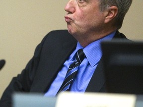 Councillor Phil Squire reacts after being told to cool down the temperature a bit by mayor Matt Brown at the start of the rapid transit implementation working group on Thursday March 9, 2017. (MIKE HENSEN, The London Free Press)