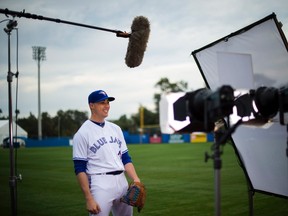 Blue Jays starting pitcher Aaron Sanchez laughs during a video interview during photo day at spring training in Dunedin, Fla., on Feb. 21, 2017. (Nathan Denette/The Canadian Press)