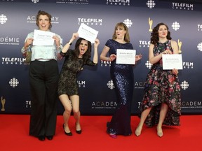 Carolyn Taylor, left to right, Meredith MacNeill, Jennifer Whalen and Aurora Browne from the Baroness Von Sketch Show arrive on the red carpet at the 2017 Canadian Screen Awards in Toronto on Sunday, March 12, 2017. THE CANADIAN PRESS/Peter Power