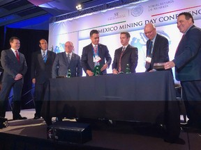 Nickel Belt MP Marc Serre, right, and Sudbury mayor Brian Bigger, third from left, were on hand at the Prospectors and Developers Association of Canada convention in Toronto, where they agreed to work with the State of Guerrero in Mexico for mutual economic benefit. (Photo supplied)