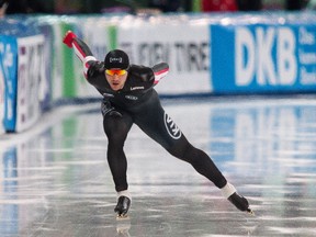 Seen here in the 1,000 metres on Saturday, Vincent De Haître joined two Quebec skaters in collecting team sprint silver medals on Sunday.