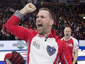 Newfoundland and Labrador skip Brad Gushue reacts after defeating Team Canada 7-6 to win the Tim Hortons Brier curling championship at Mile One Centre in St. John's on Sunday, March 12, 2017. (Andrew Vaughan/The Canadian Press)