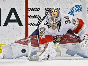 Florida Panthers goalie James Reimer makes a save during his team’s loss to the Tampa Bay Lightning on March 11, 2017. (CHRIS O'MEARA/AP)