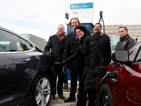 Parliamentary assistant to the Minister of Transportation Daiene Vernile unveils Oxford County's new EV charging stations on Friday. Behind her is David Rowlison, Trevor Birthch, Ifhan Hudda and Jay Heaman (from left to right). (BRUCE CHESSELL/Sentinel-Review)