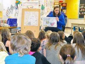 Maranda MacKean (above), of the Upper Thames River Conservation Authority (UTRCA), visited Upper Thames Elementary School (UTES) last Tuesday, March 7, for their annual River Safety program visit, timely considering the unpredictable weather we’ve experienced of late and with March Break upon us. The River Safety program uses four hands-on, interactive activities designed for Grade 2 students to teach about water safety and the water cycle. ANDY BADER/MITCHELL ADVOCATE