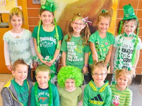 Sporting some wacky green hair were St. Patrick's, Dublin students Lillyanna Seyler (back row, left to right), Kayden Jordan, Faye Batten, Elayna Noom and Alexis Brown. Front row (left): Xander Calvert, Easton Hunt, Josie Ruston, Tyler Verberne and Danique Noom. ANDY BADER/MITCHELL ADVOCATE