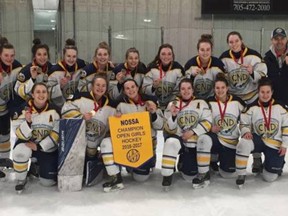 The College Notre Dame Alouettes celebrate their NOSSA championship in North Bay last week. The Alouettes are ranked No. 2 for next week's A/AA girls OFSAA hockey championships. Supplied photo